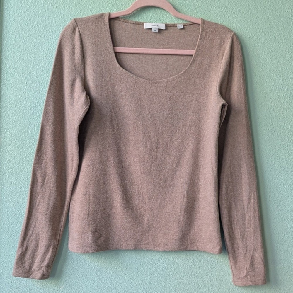 Vince Tan Oatmeal Cotton Modal Scoop Neck Long Sleeve Top M